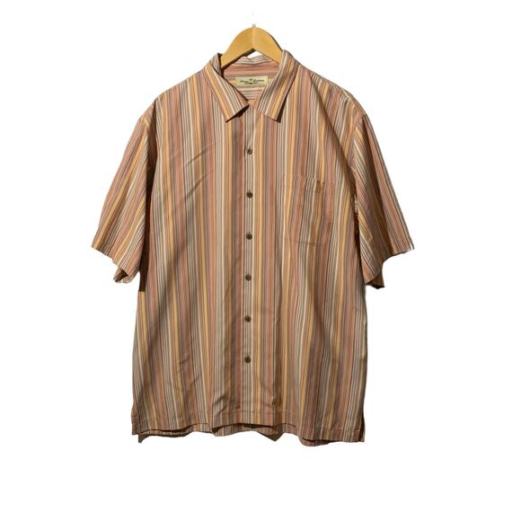 Tommy Bahama 100% Silk Earth Tone Stripe Short Sleeve Shirt - Size L - Picture 1 of 7